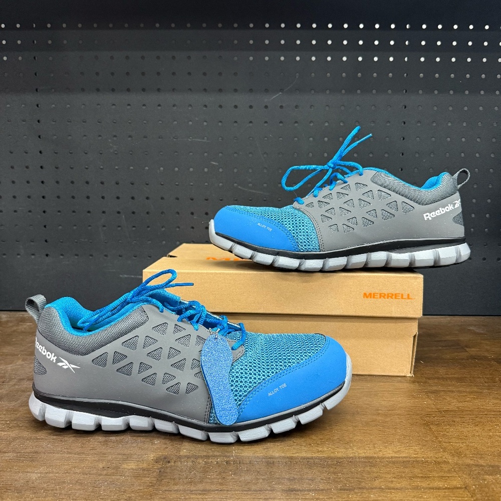 Used W Box Mens Reebok Sublite Cushion Work Blue Grey Alloy Toe Sneakers Size 12